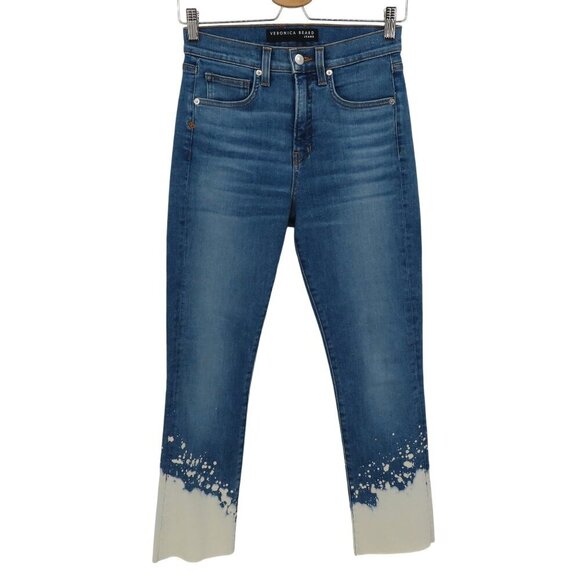 Veronica Beard Women 27 4 Carly Kick Flare High Rise Splatter Hem Denim Jeans - Picture 1 of 13